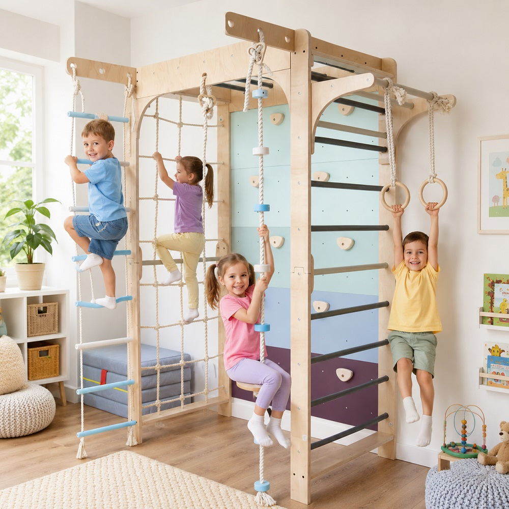 Stylish Swedish wall bar wooden children's play gym in a bright playroom, with Kids actively using the equipment