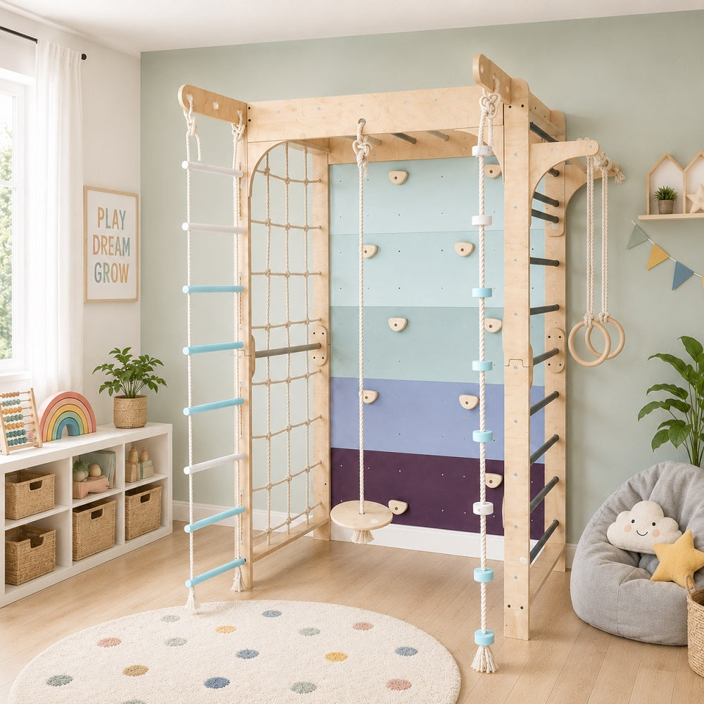 A large Customised Indoor Wooden Gymnastics Playset for Kids with a climbing ladder in a styled nursery - 127 x 115 x 204 cms .