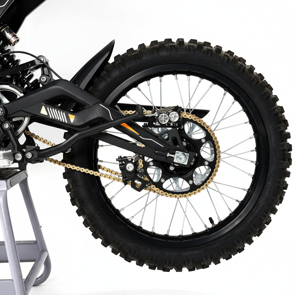 Close-up of a dirt bike wheel and suspension