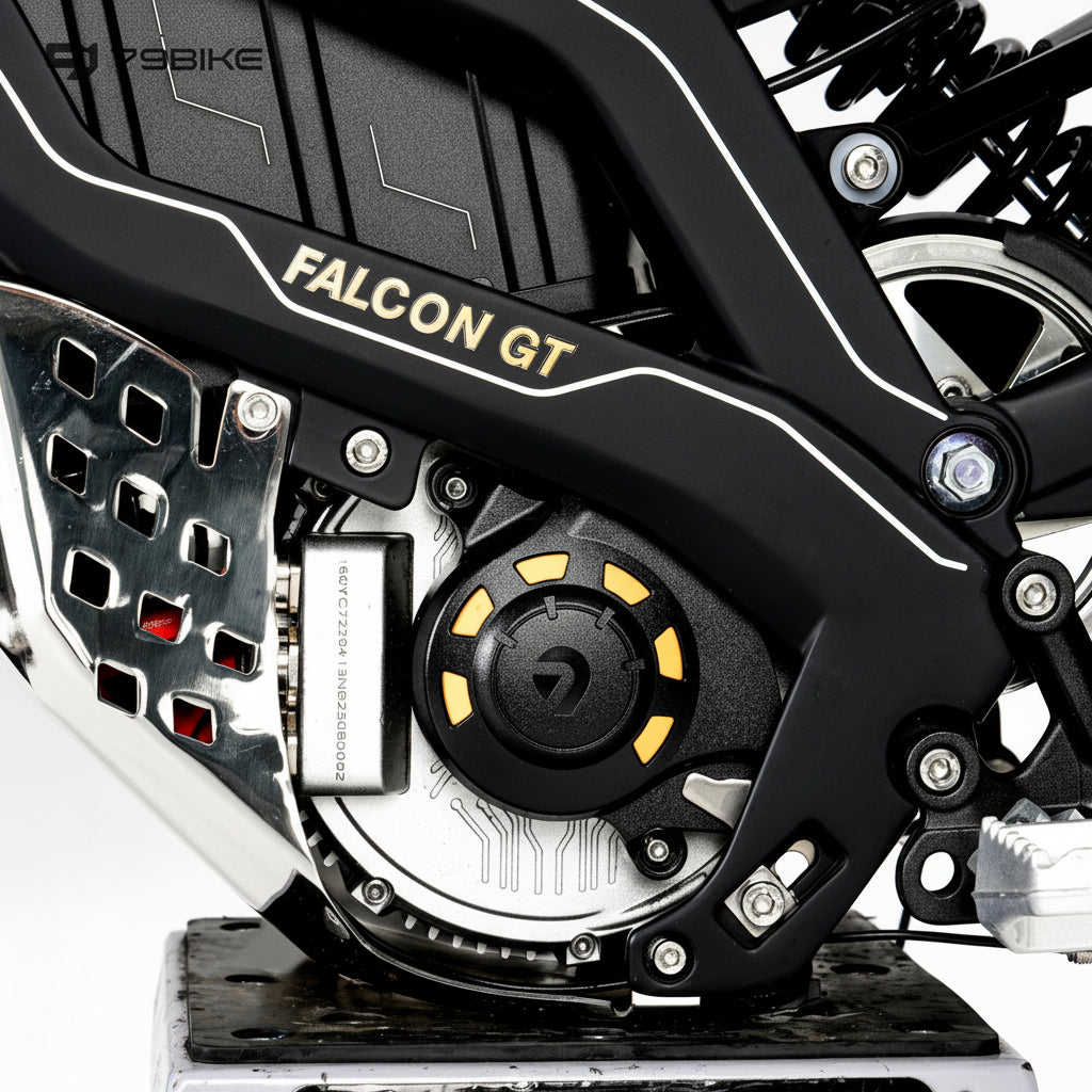 Close-up of a 79BIKE-Falcon GT Electric Dirt motorcycle engine 