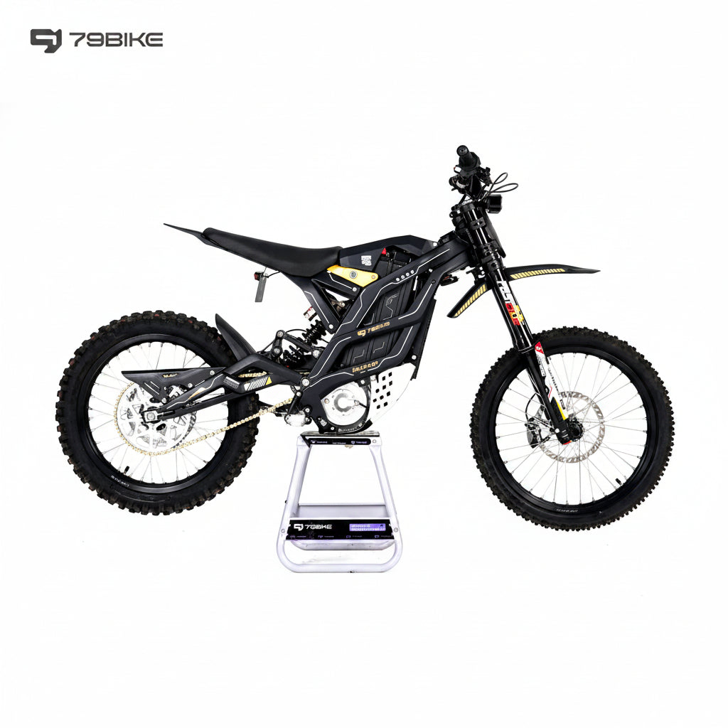 Black 79BIKE-Falcon GT Electric Dirt Bike on Stand