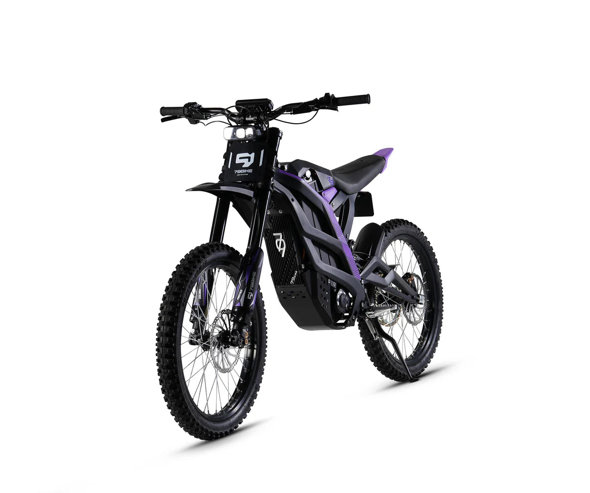Black electric Dirt bike with purple accents