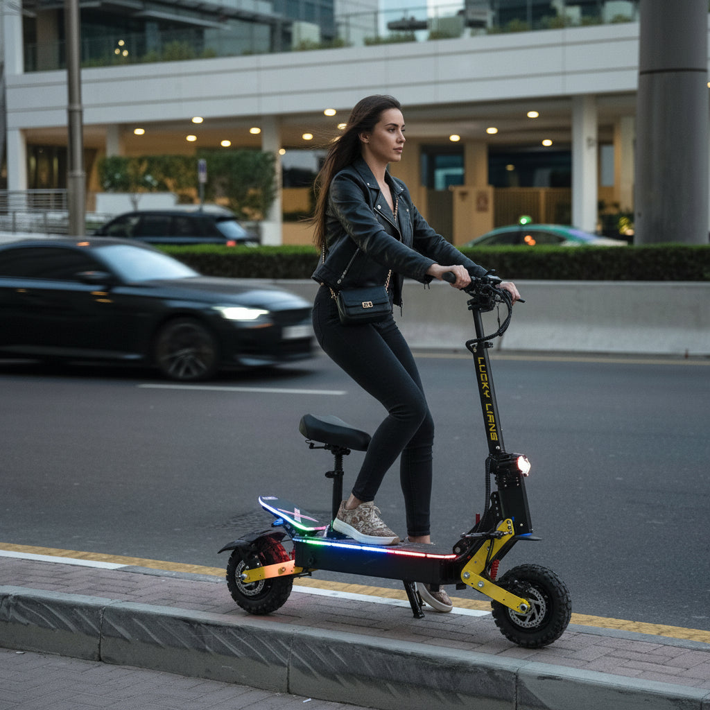 A lady ride on Electric scooter on a city street