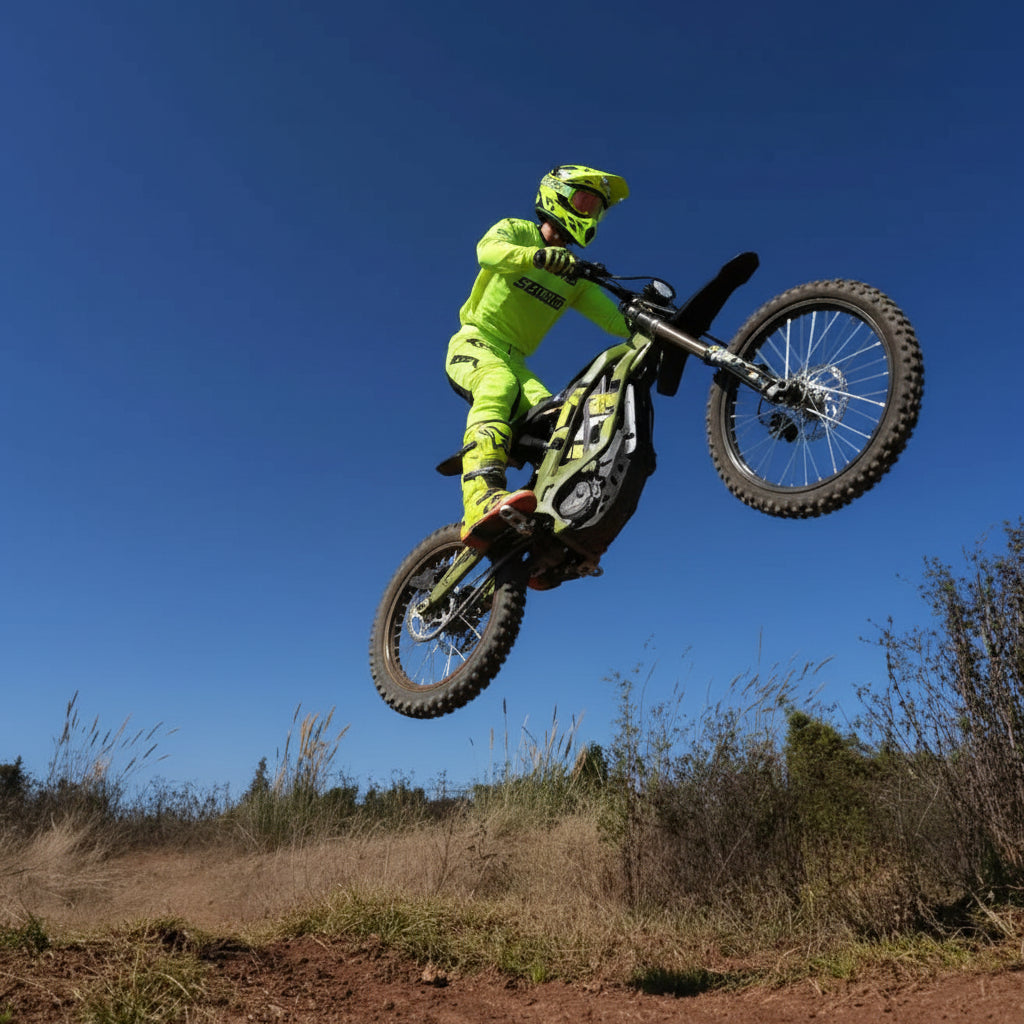Person on a dirt bike performing a jump against a clear blue sky