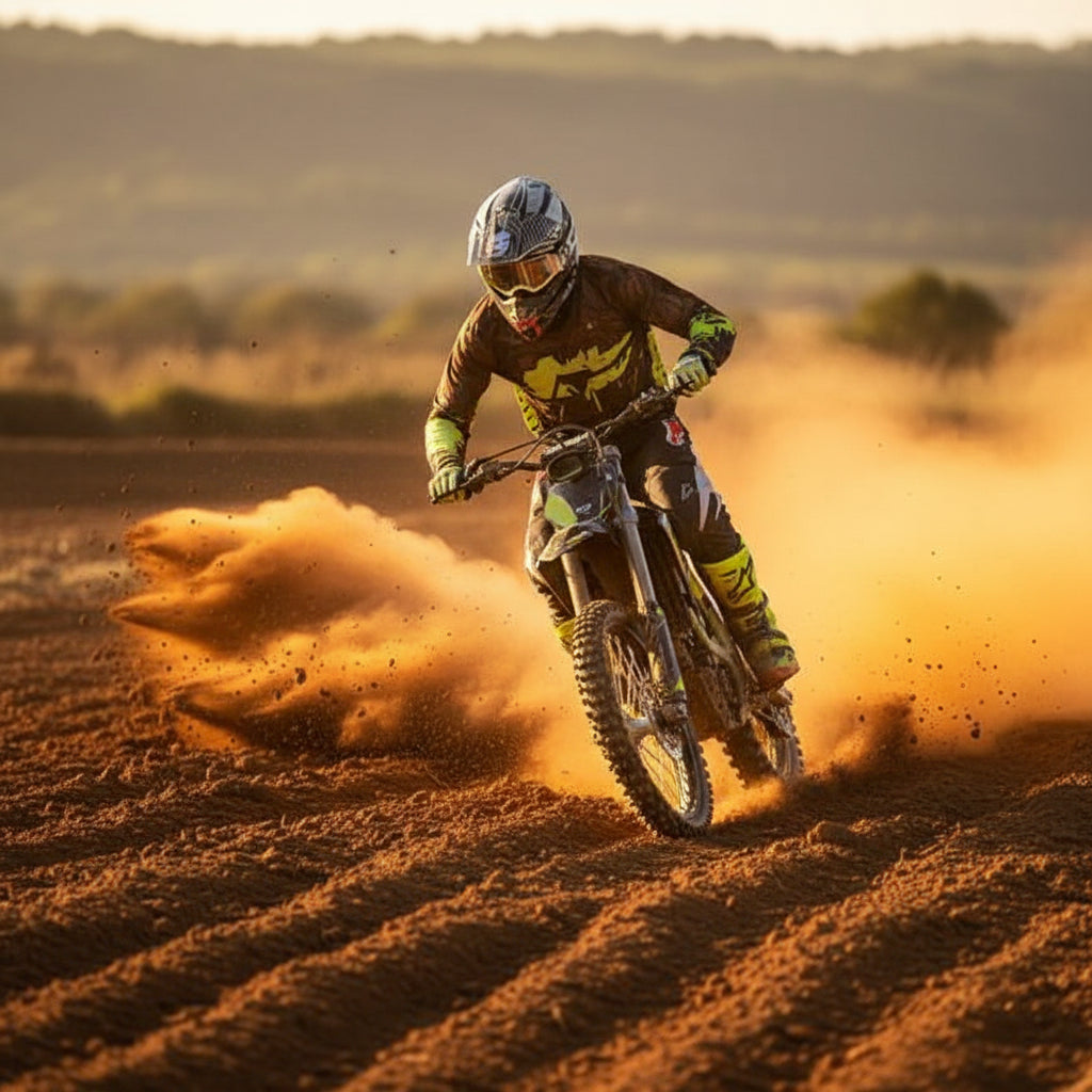 Motocross rider in action on a dirt track with dust in the air
