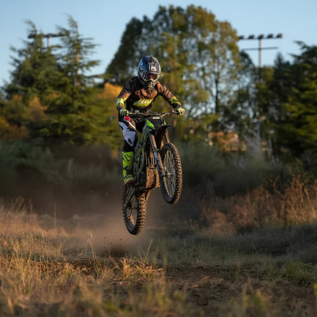 Person riding a dirt bike in an outdoor Area