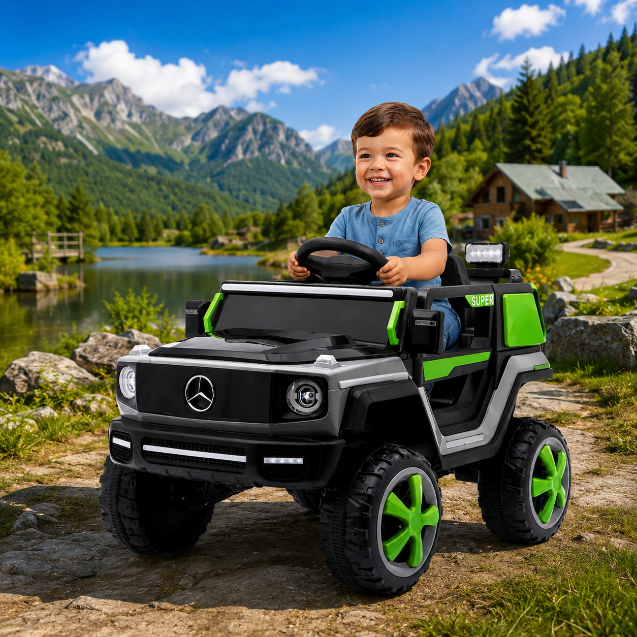 A young boy rides a ride-on toy car jeep on a dirt path