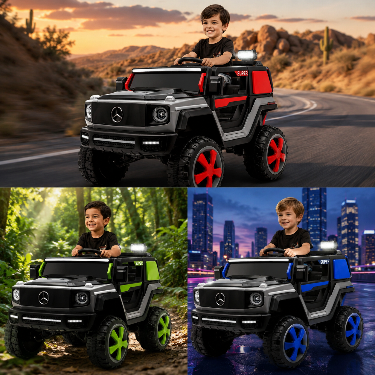 A 12V kids' ride-on toy car with 2 seats shown in three Colors and Style