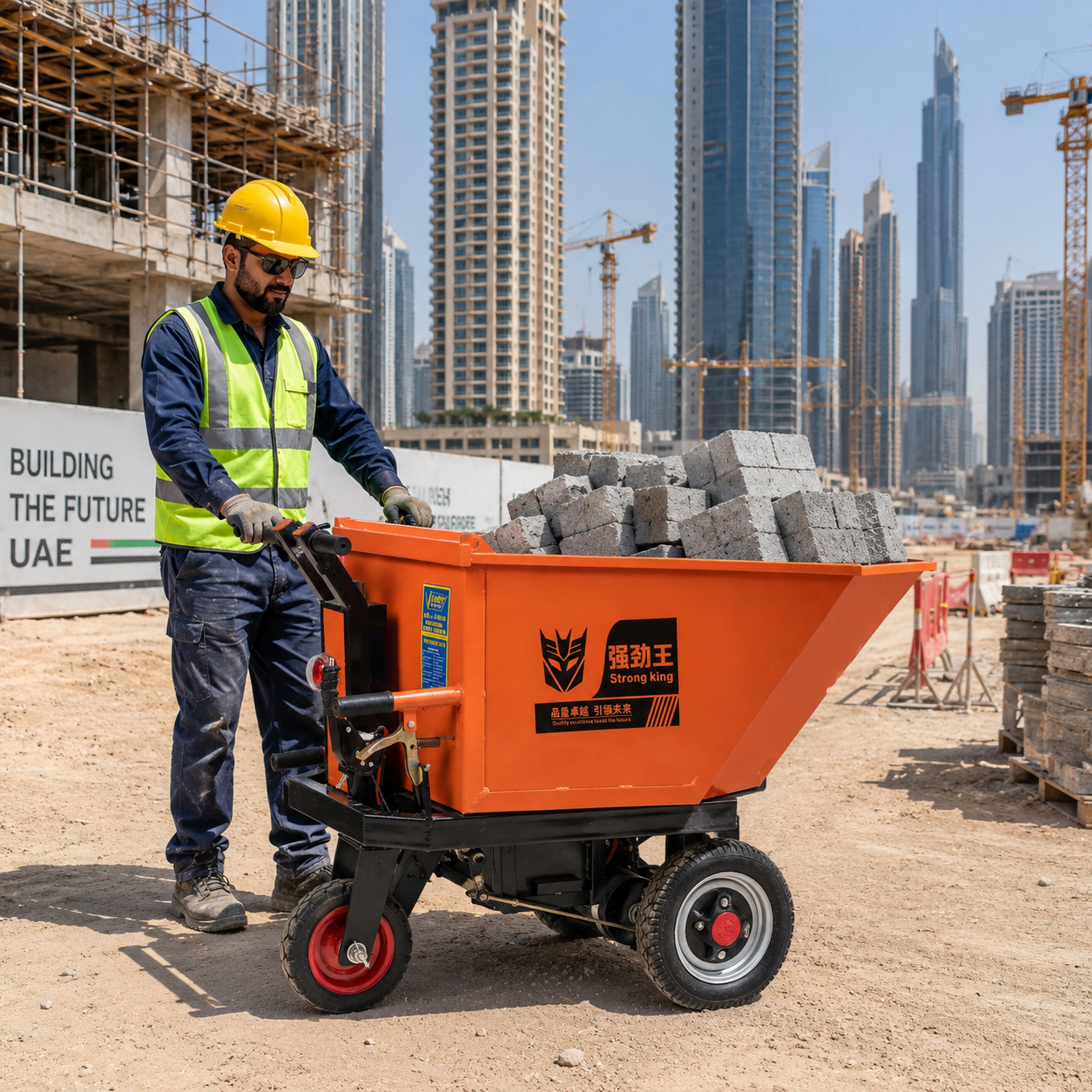 An orange electric brick cart with a worker pushing it on a construction site