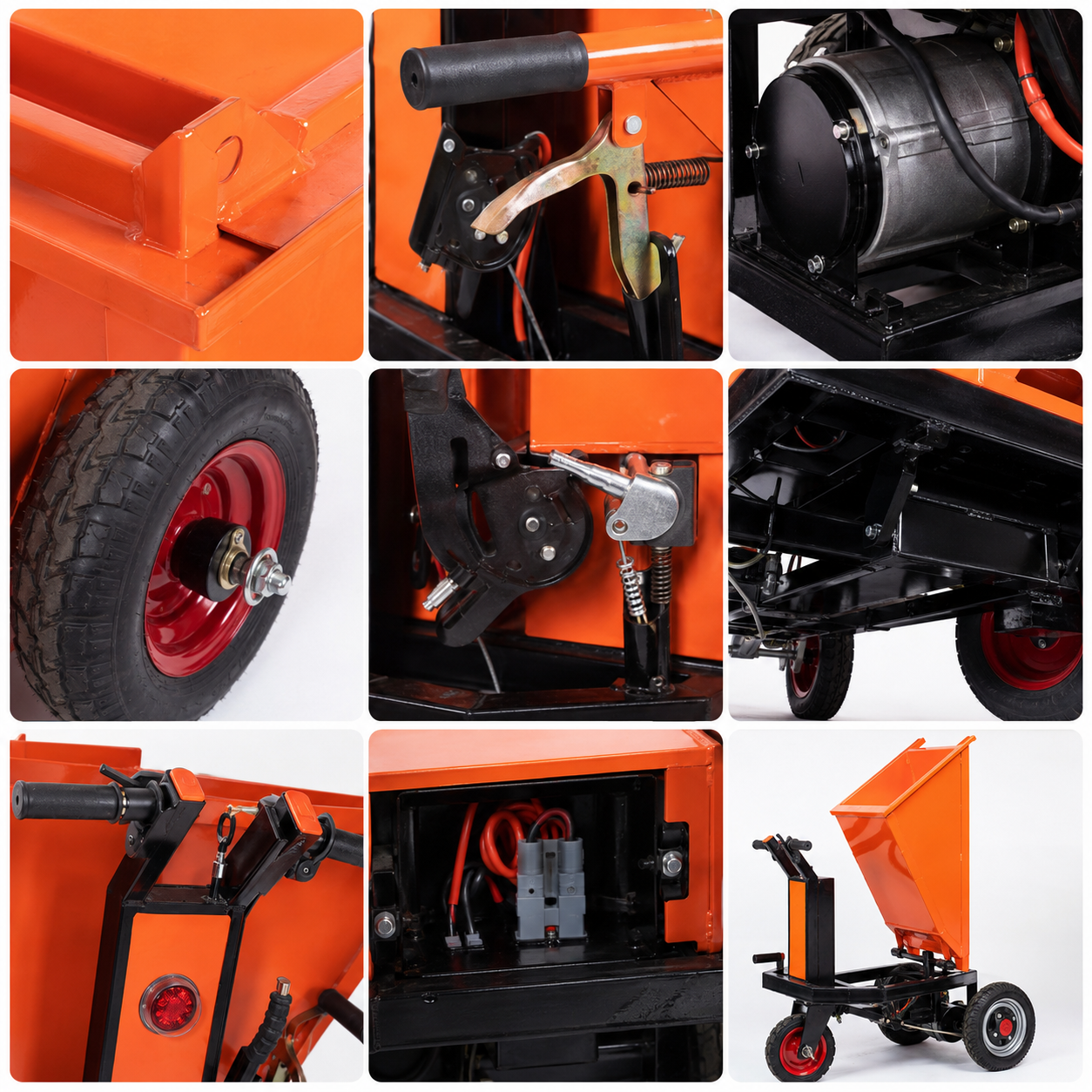 A 6-panel collage showing close-up details of an orange Electric Mini Dumper Truck