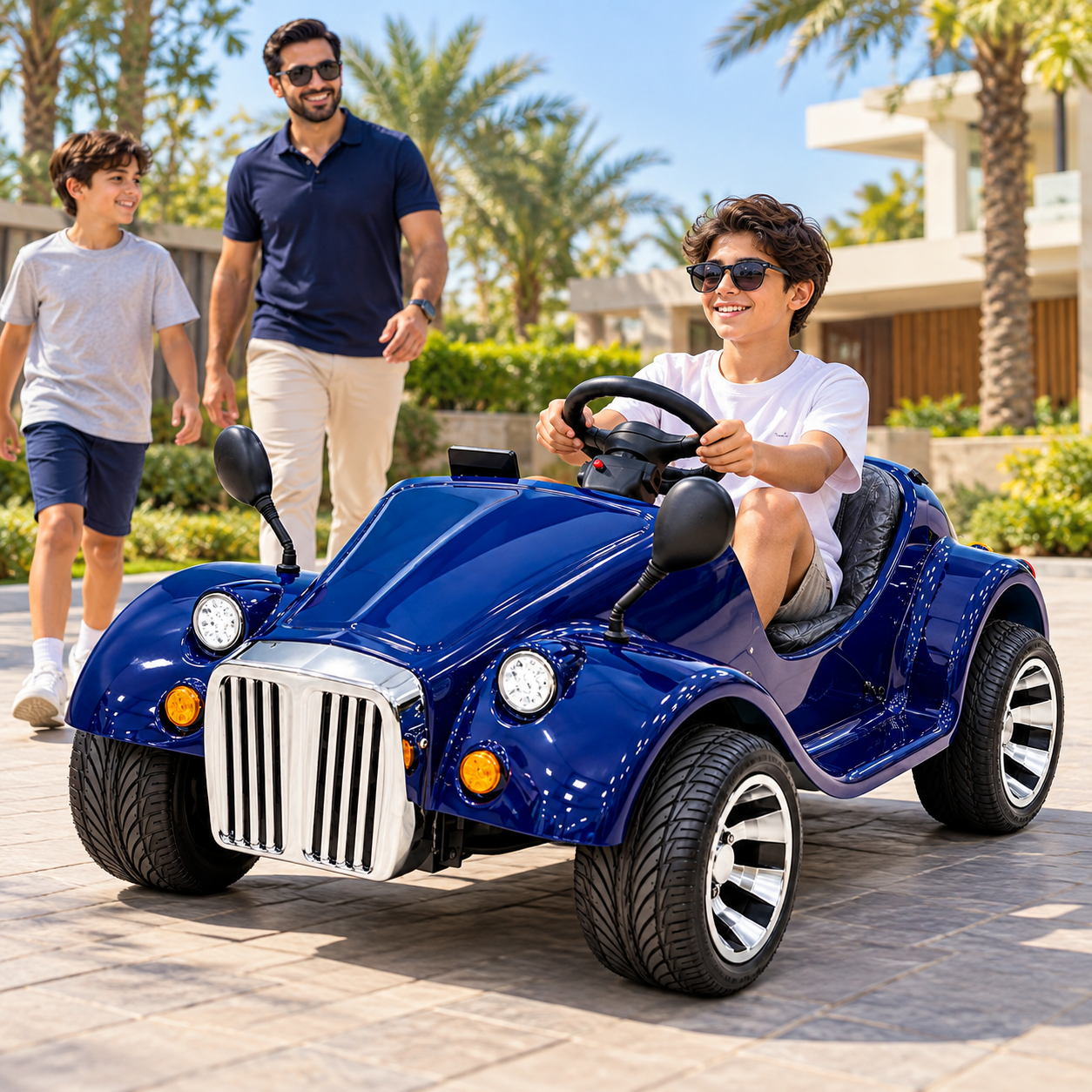 48V electric Mini car for teens in blue showing a teen driver with his family