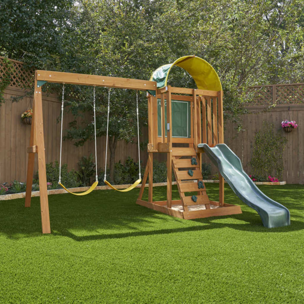 Kidkraft Ainsley Outdoor Playset with swings and slide in a backyard setting