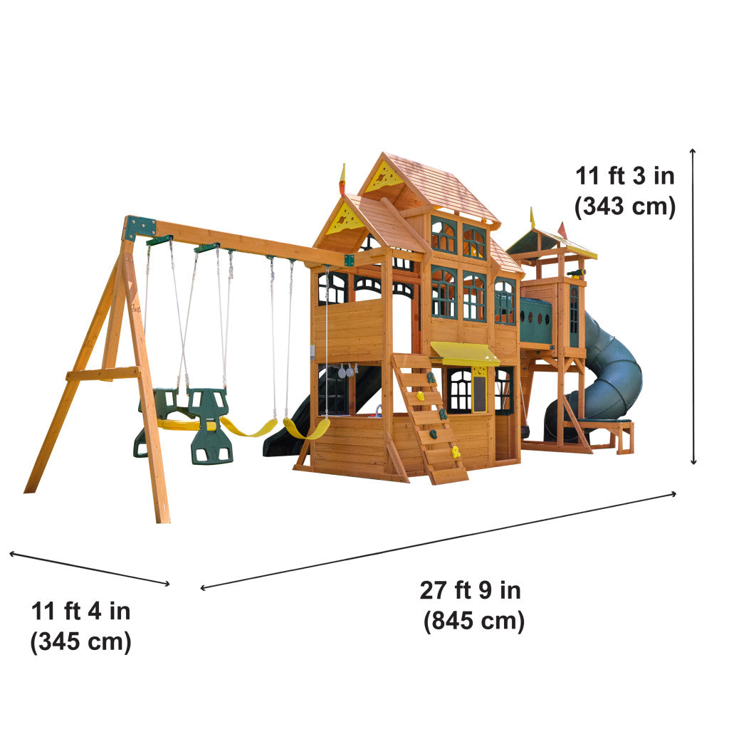 KidKraft Bear Cave Lodge Swing Set with 2 Swings and Tunnel dimensions