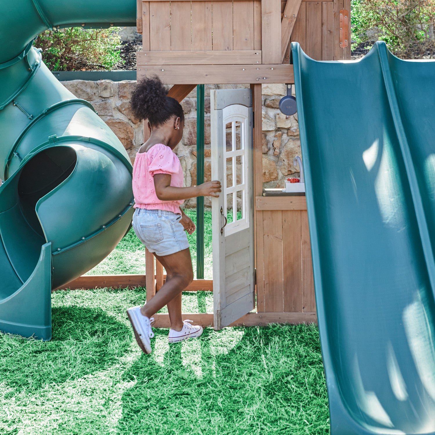 Treetop Observatory Wooden Swing and Slide Playset with white door