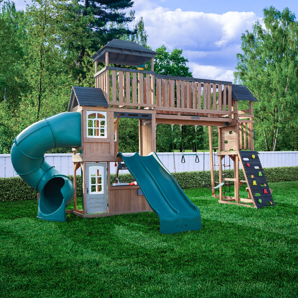 Treetop Observatory Wooden Swing and Green Slide Playset