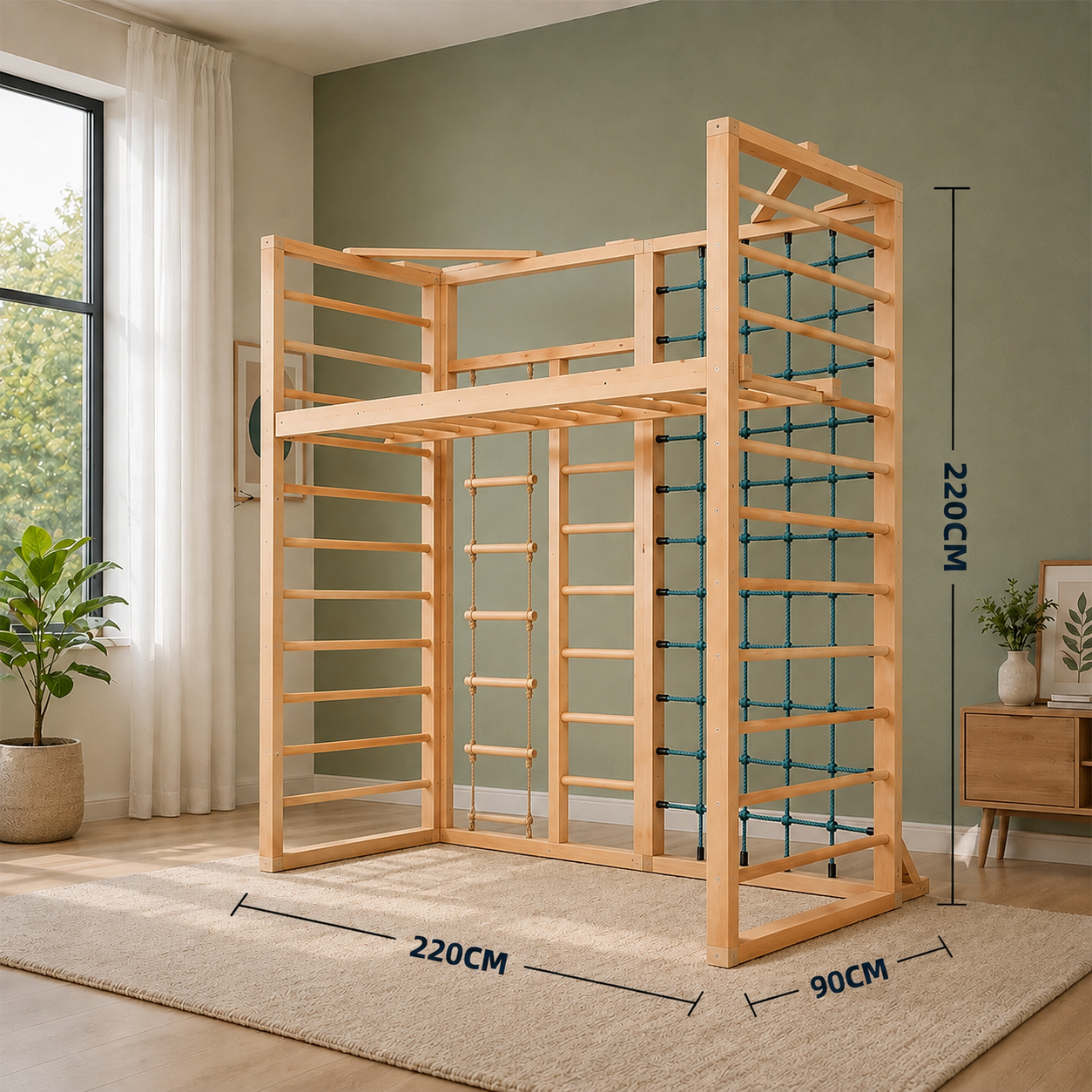 A wooden climbing frame and gym wall system shown in a styled room with dimension overlays indicating 220cm height and 220cm width, plus a 90 cm depth