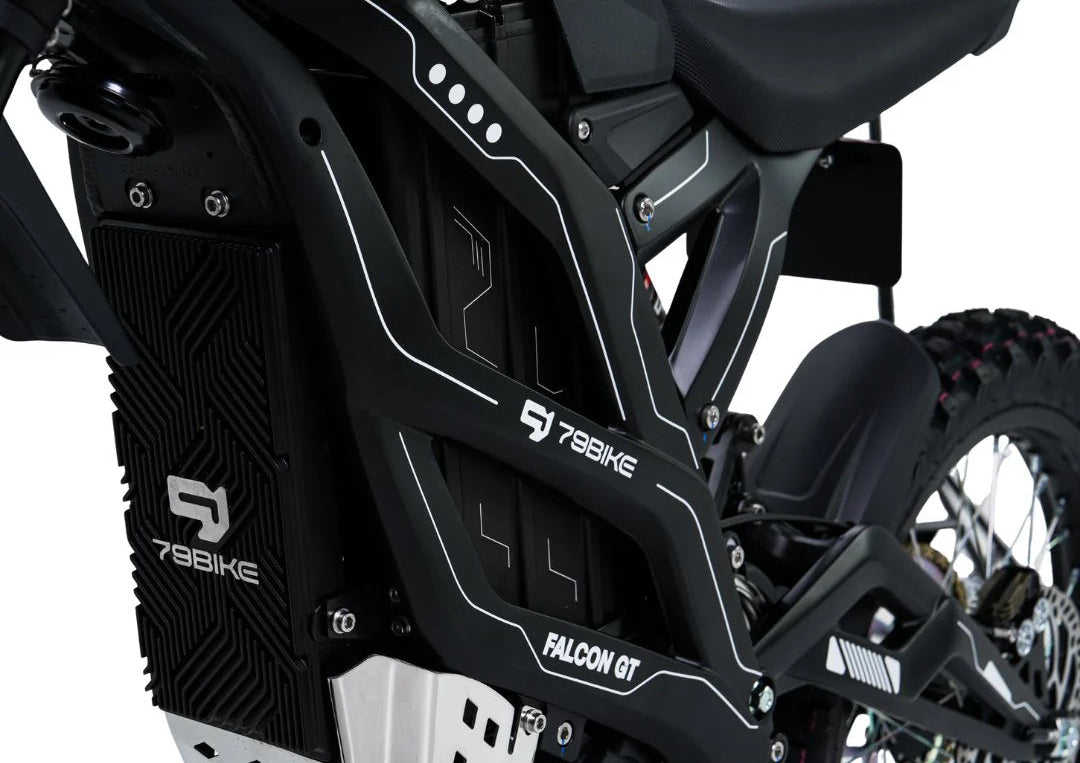 Close-up of a black 79BIKE-Falcon GT Electric Dirt Bike