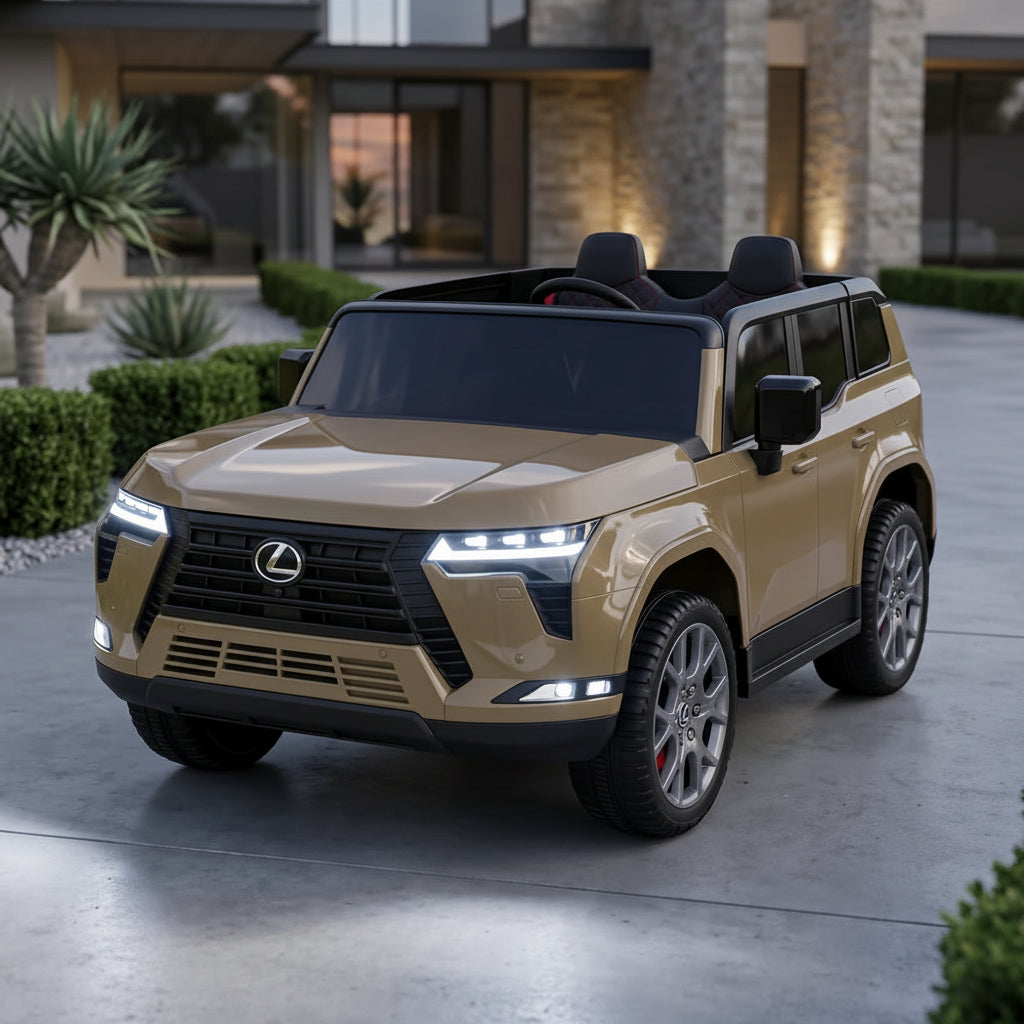 A Gold Lexus-style children's ride-on SUV for kids with Rc