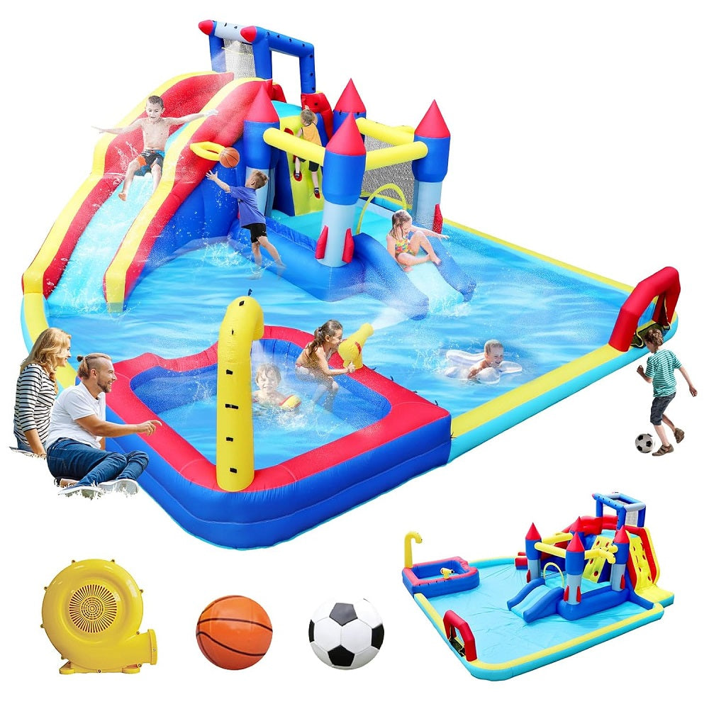 Inflatable water park with slide, pool, and sports toys