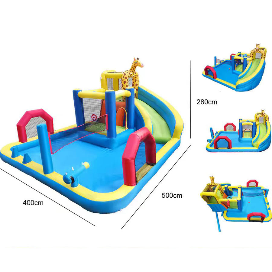 Dimensions of Inflatable Giraffe Theme Castle Outdoor Water Castle with Slide and Bouncer