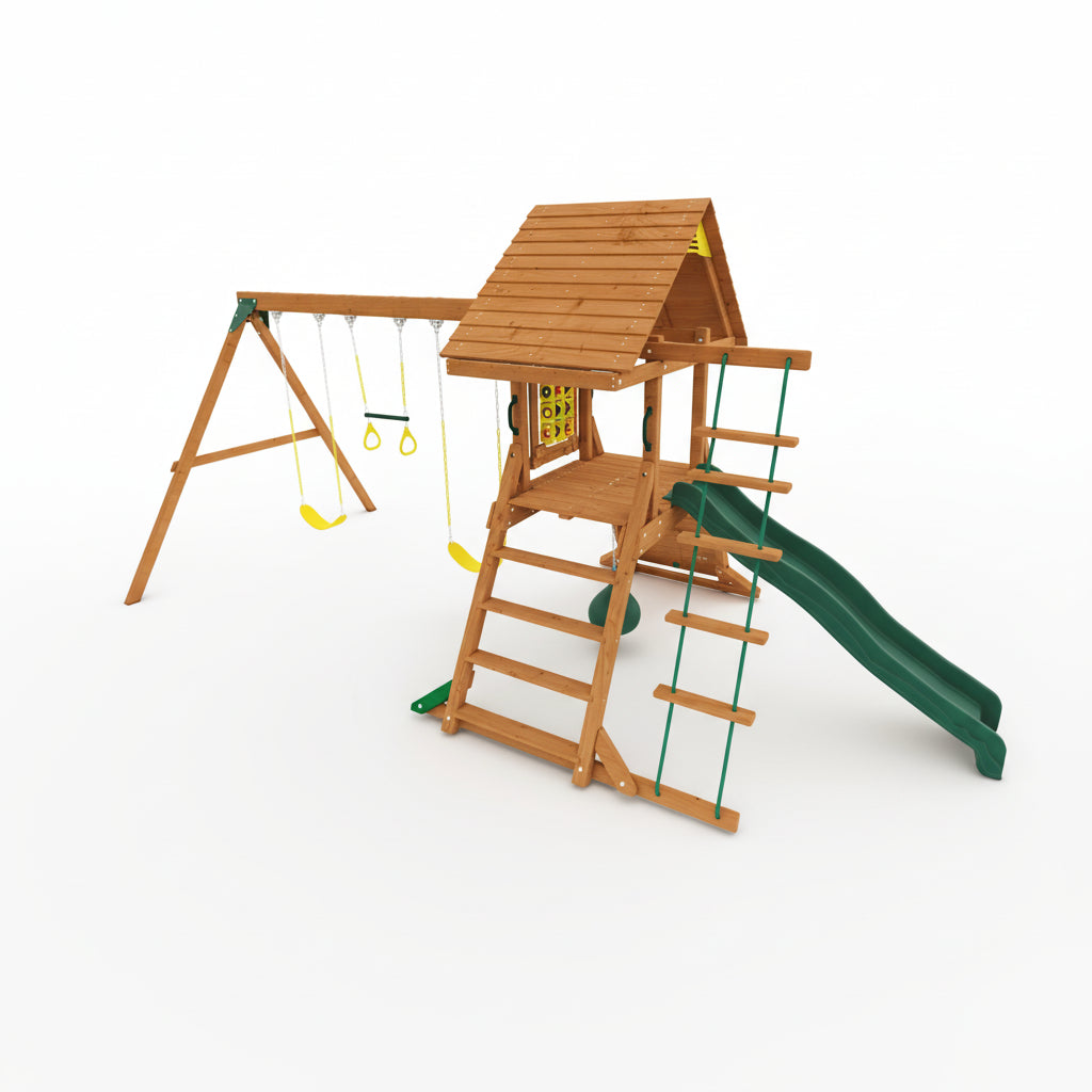 Kiddoro Hilltop Heights Swing Set with climbing rope ladder slide swings , trapeze bar and a treehouse