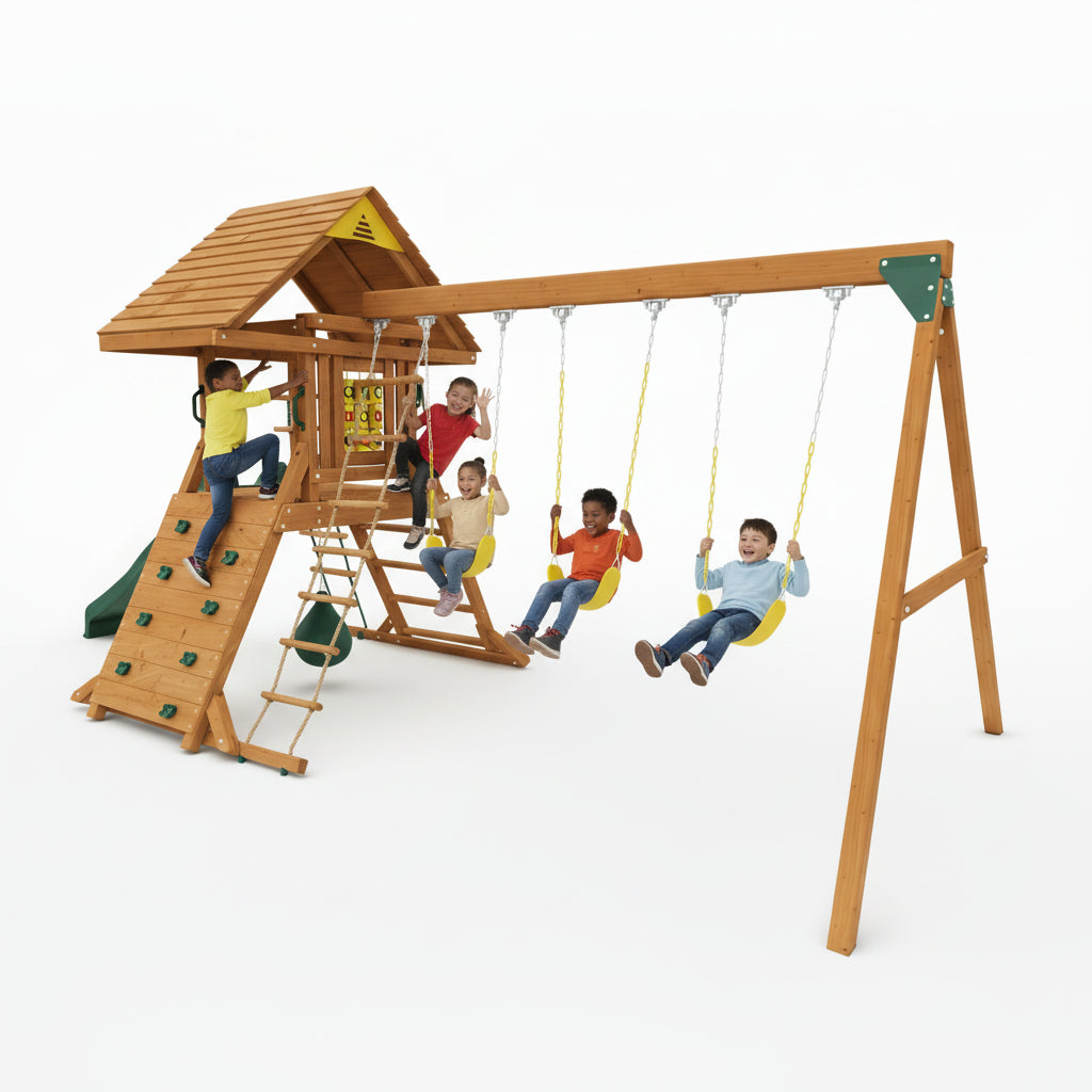 Kiddoro Hilltop Heights Swing Set with climbing wall, slide swings , trapeze bar and a treehouse
