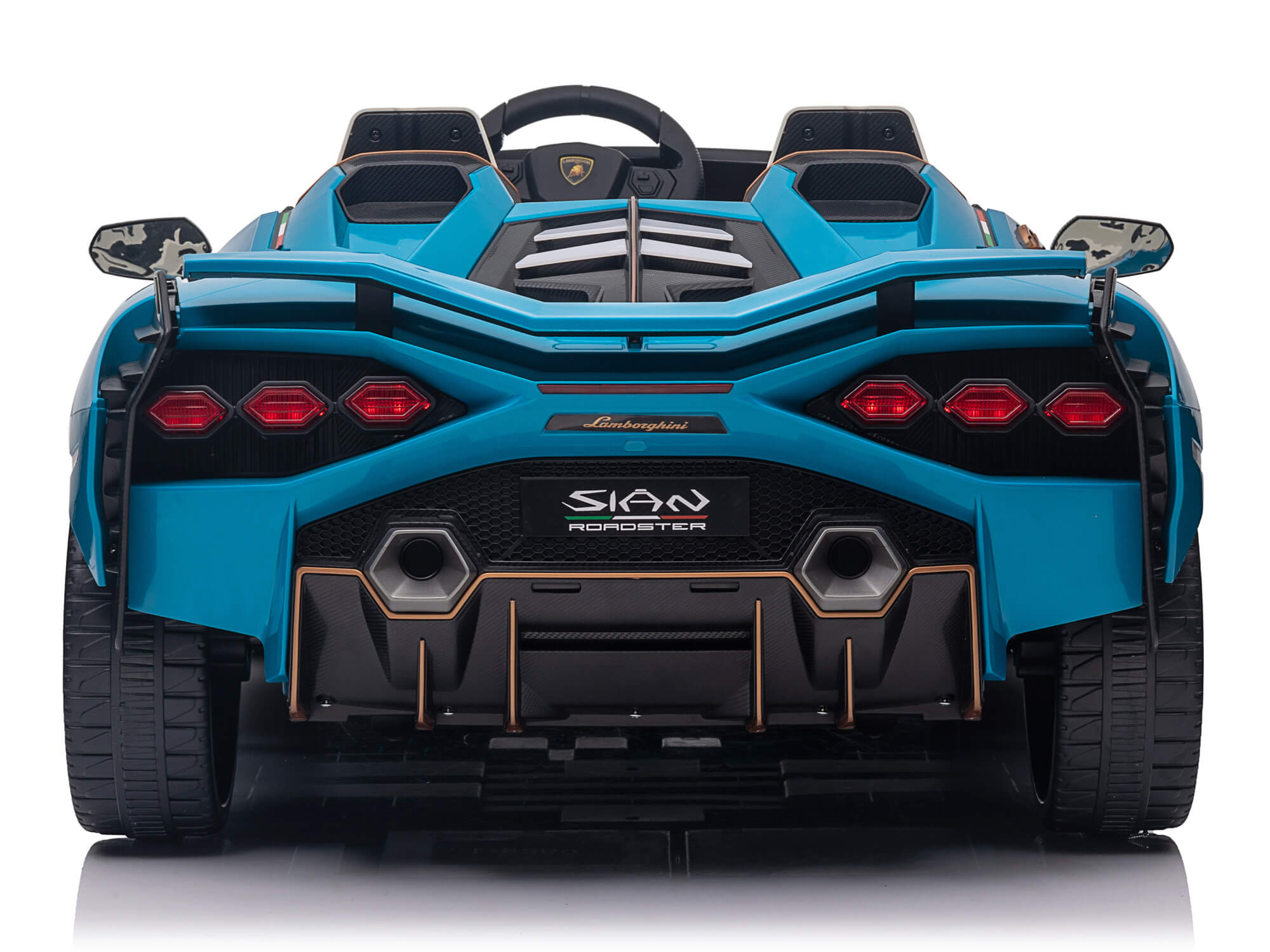 Back view of a blue Lamborghini Sian children's electric car 