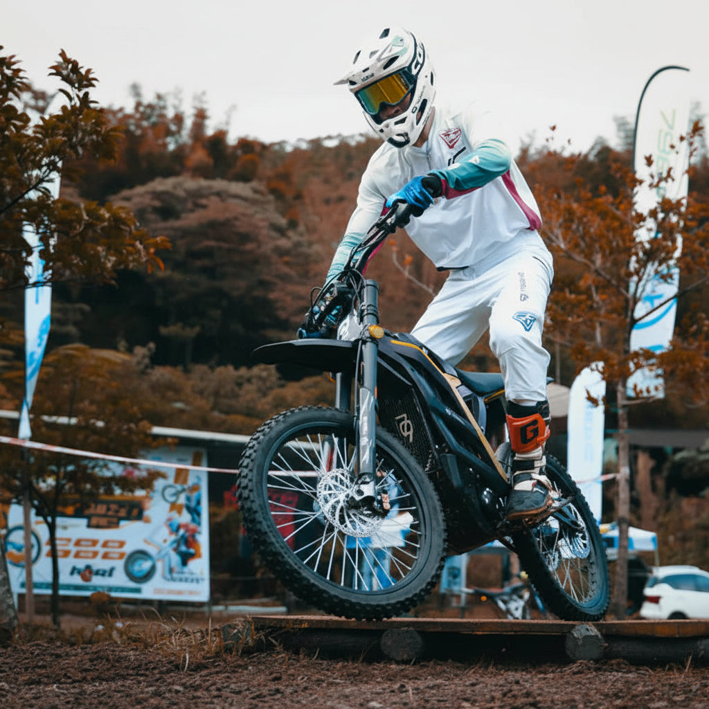 Person riding a 79BIKE-Falcon Pro Electric Dirt Bike in an outdoor area