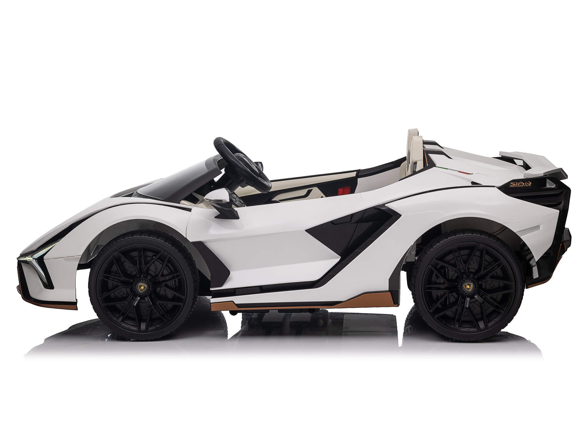 Side view of White toy sports car with black wheels