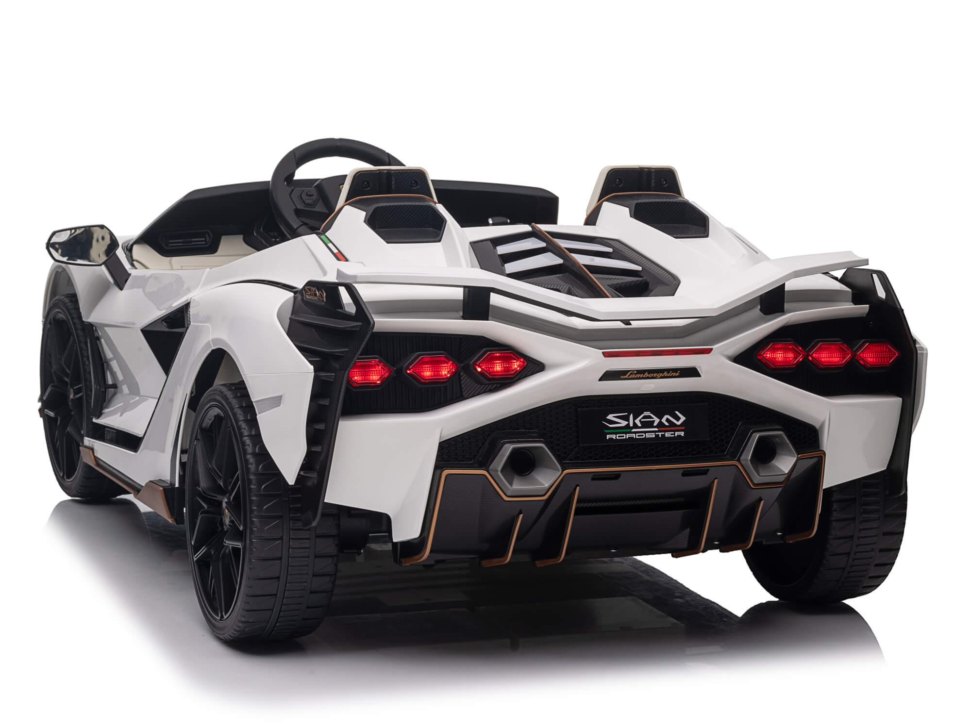 Back view of White toy car with red lights