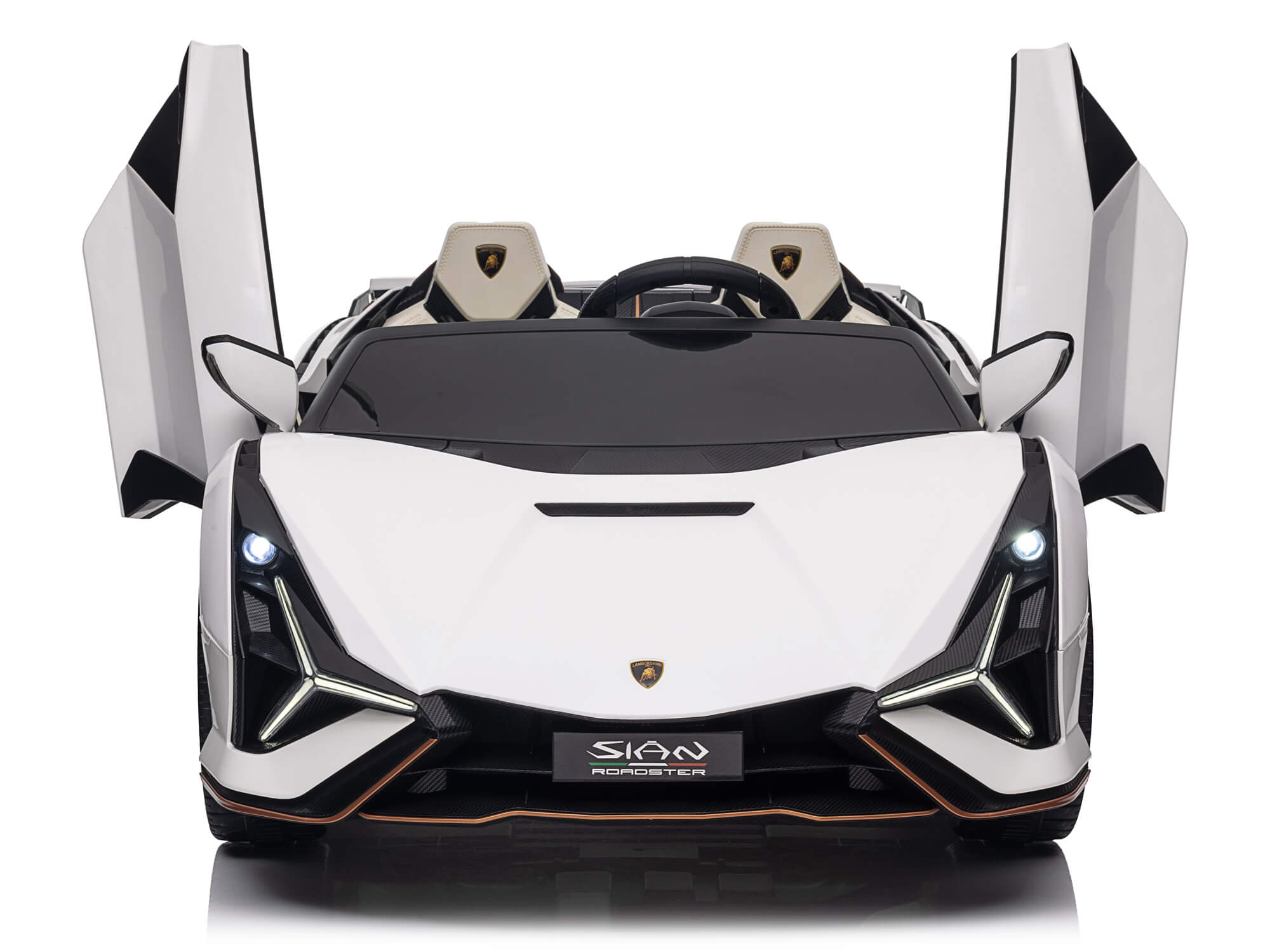 Front view of a white Lamborghini Sian sports car