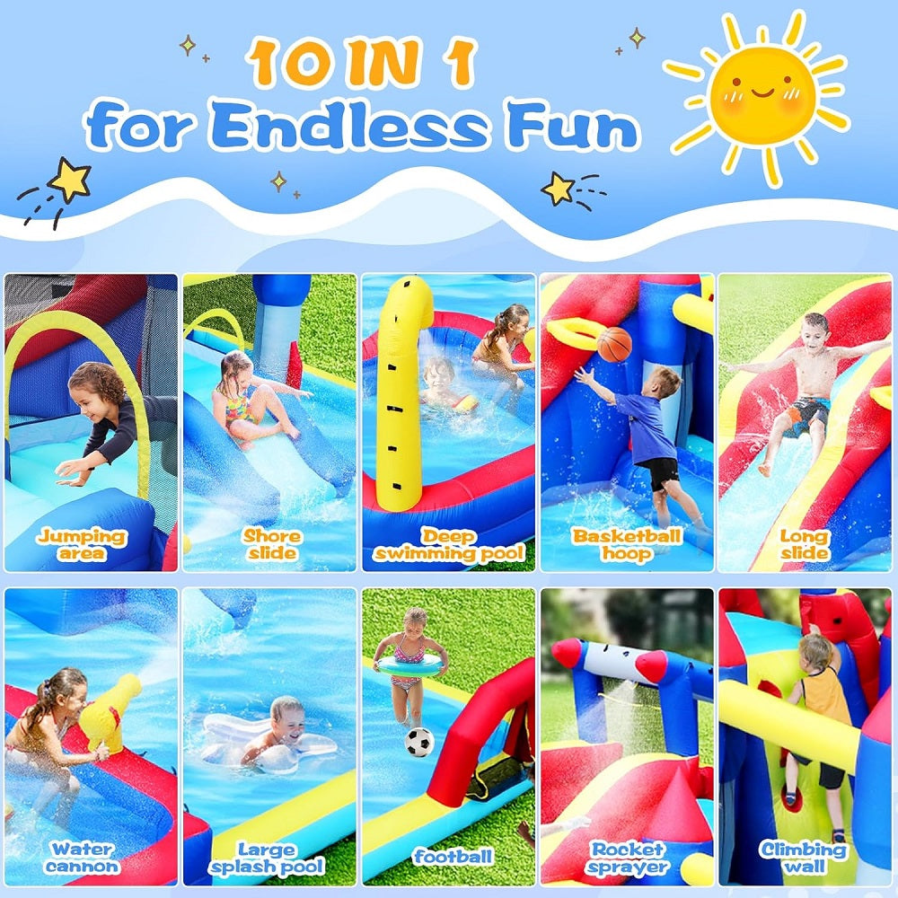 Inflatable playground with multiple activities for children, featuring