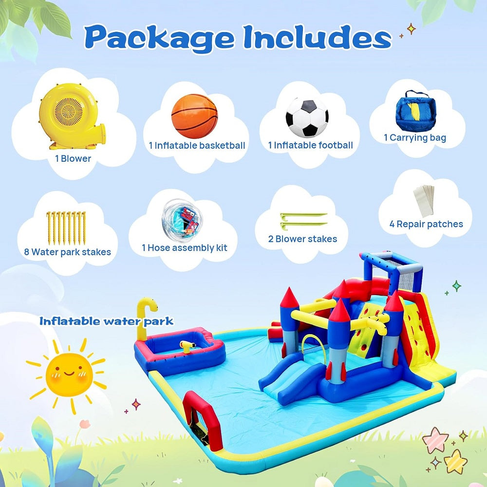 Inflatable water park with package contents listed