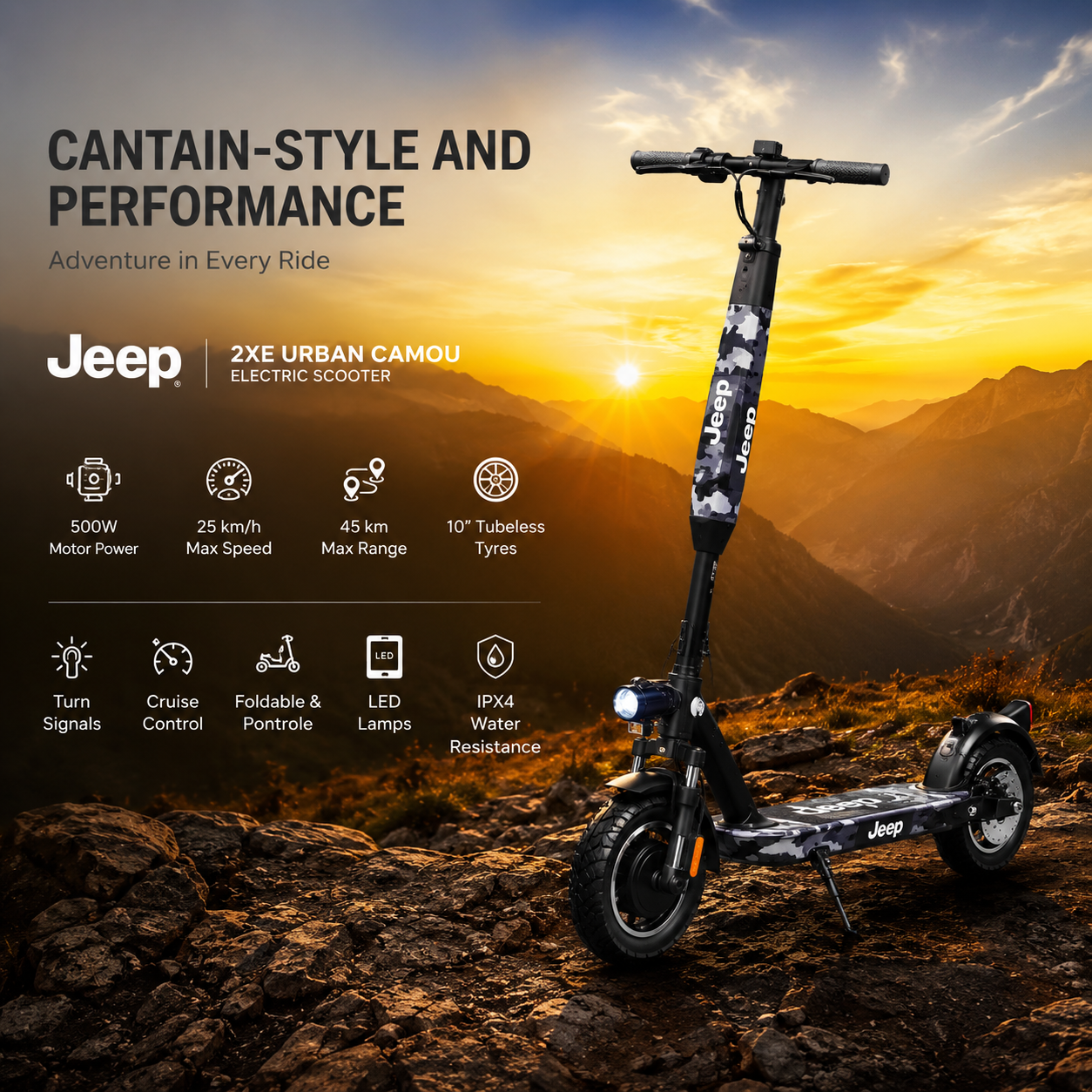 Adventure-ready Jeep 2XE Urban Camou Foldable Electric Scooter at sunset