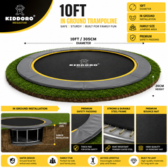 Kiddoro Megastar 10ft in-ground trampoline with features listed
