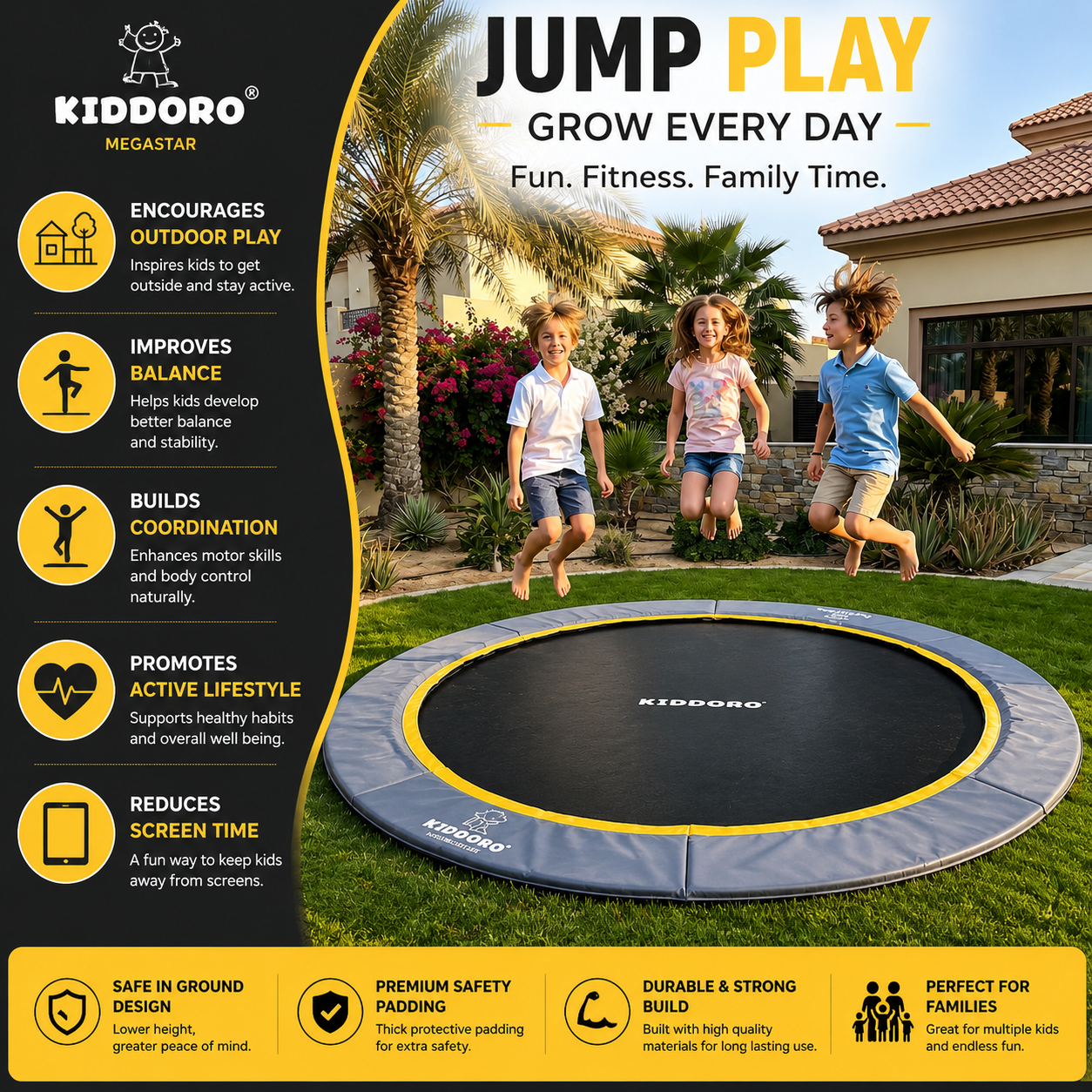 Children enjoying trampoline exercise with Kiddoro and the product features listed.