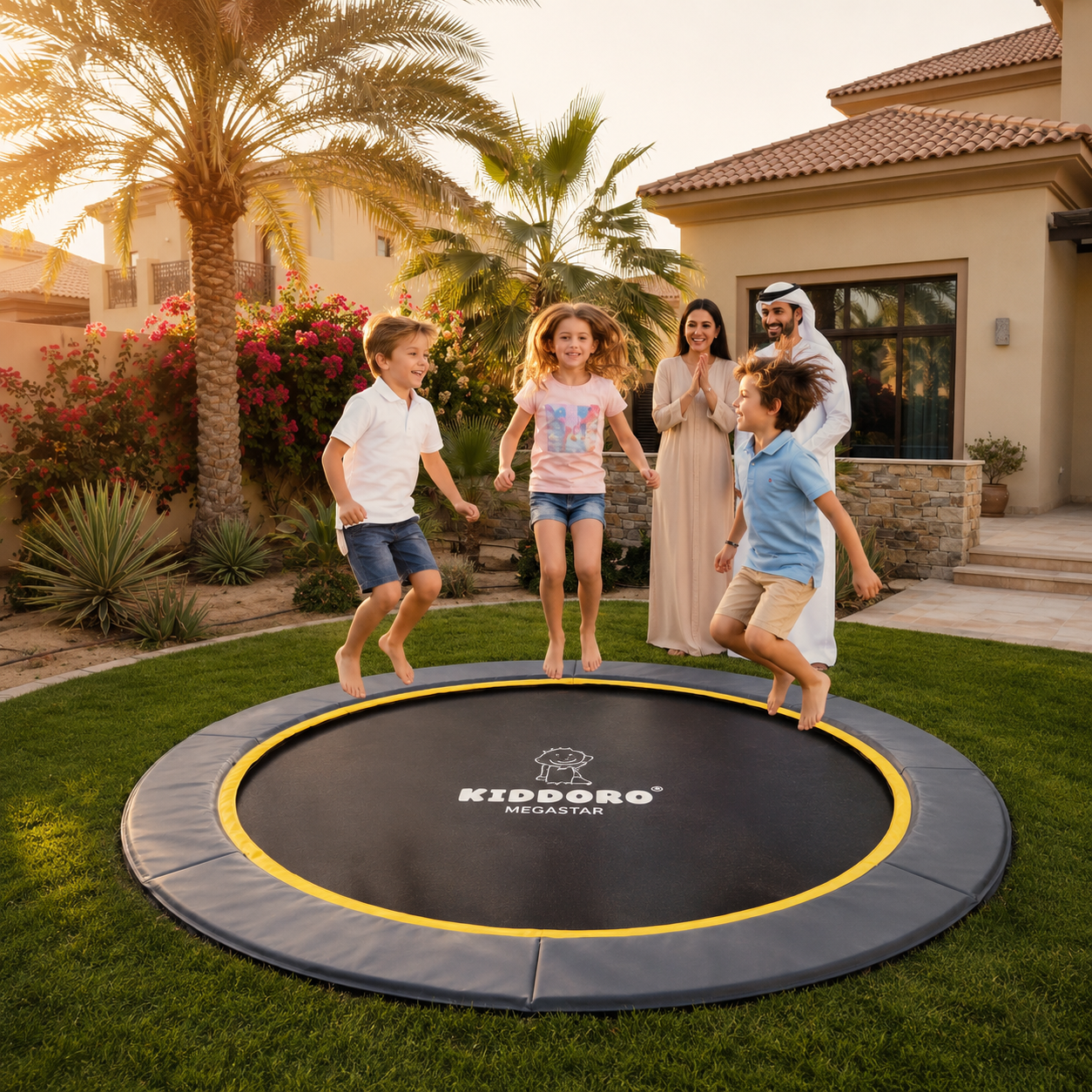 Children jumping on a trampoline in a backyard with a family