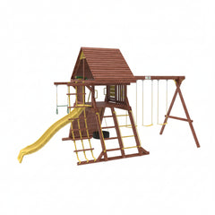 Kiddoro Discovery Den Swing Set with a yellow slide and climbing structure 