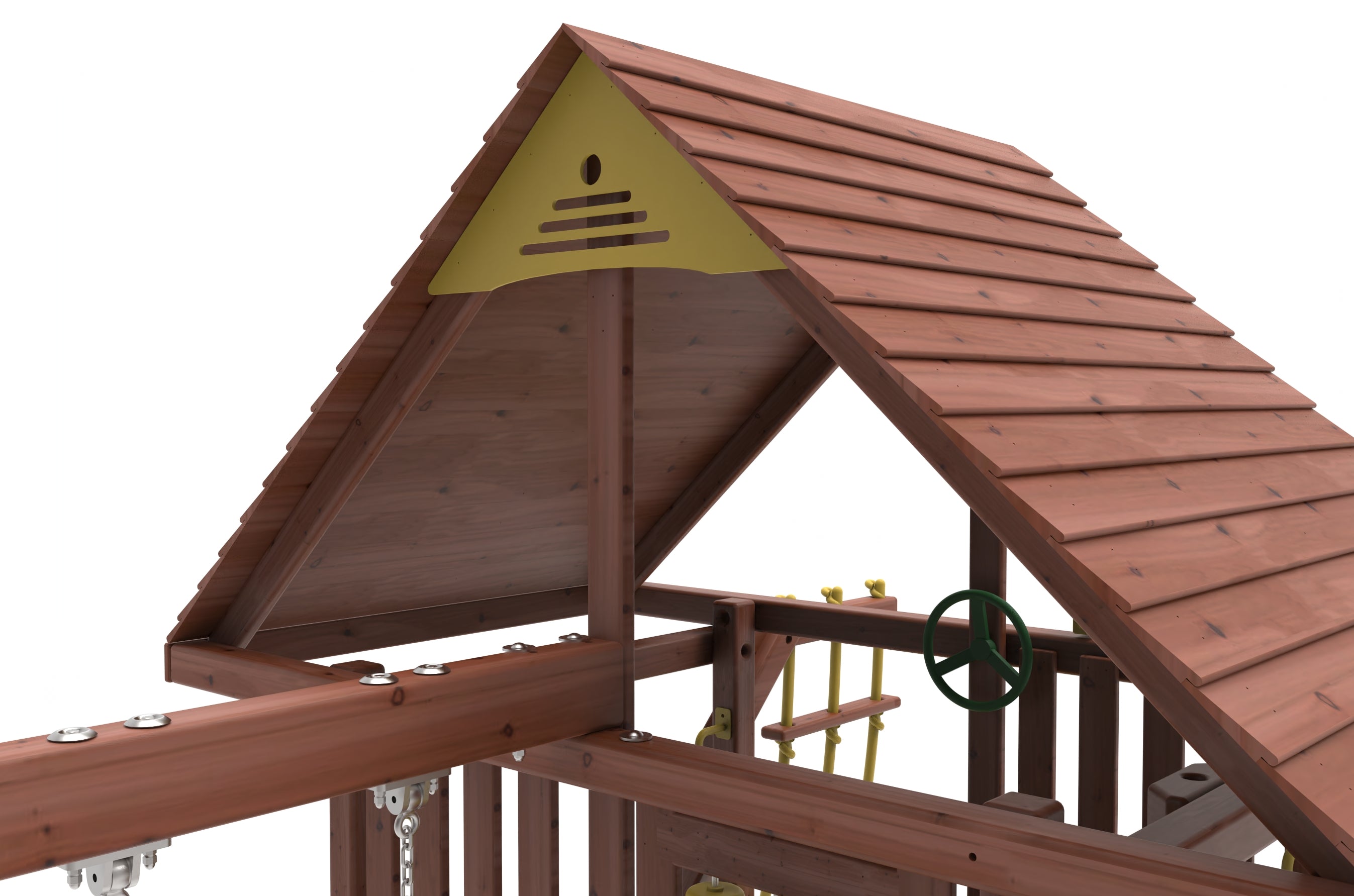 Kiddoro Discovery Den Swing Set with a brown roof 