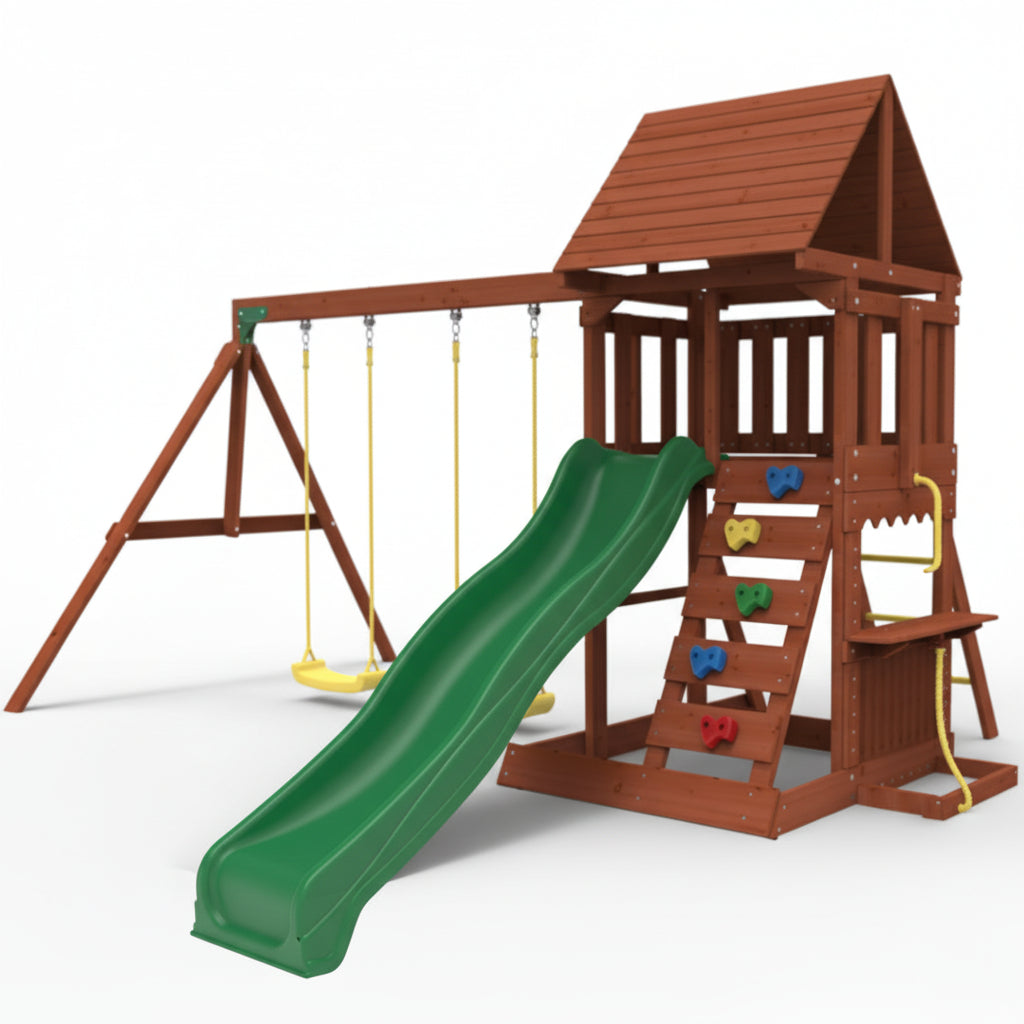 Kiddoro Mighty Jungle Swing Set with green slide and wooden climbing structure