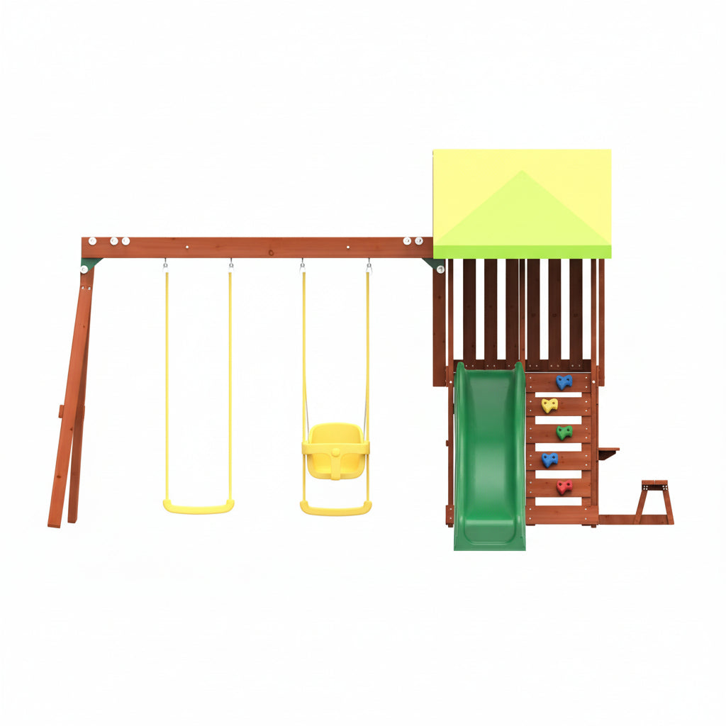 Children's playset with swings, slide, and climbing wall on a white background