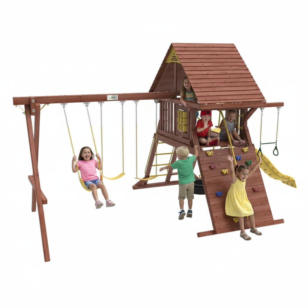 Kiddoro Discovery Den Swing Set slide, and climbing wall