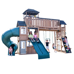 Children playing on big Treetop Observatory Wooden Swing and Slide  -611.0 x 400.99 x 373.0Playset