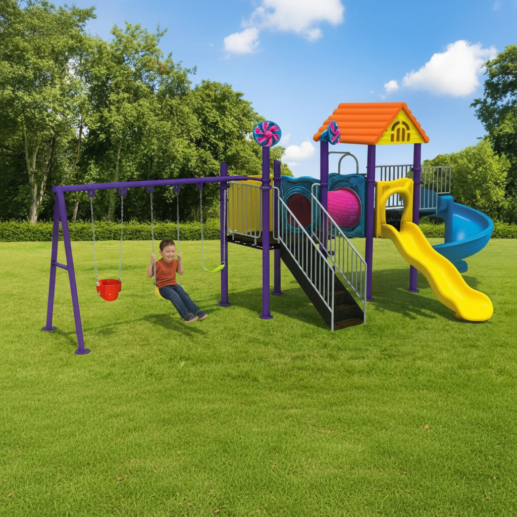 A children's outdoor playground set includes purple swings, a yellow slide, a blue spiral slide, stairs, a climbing wall, and a house-shaped roof.