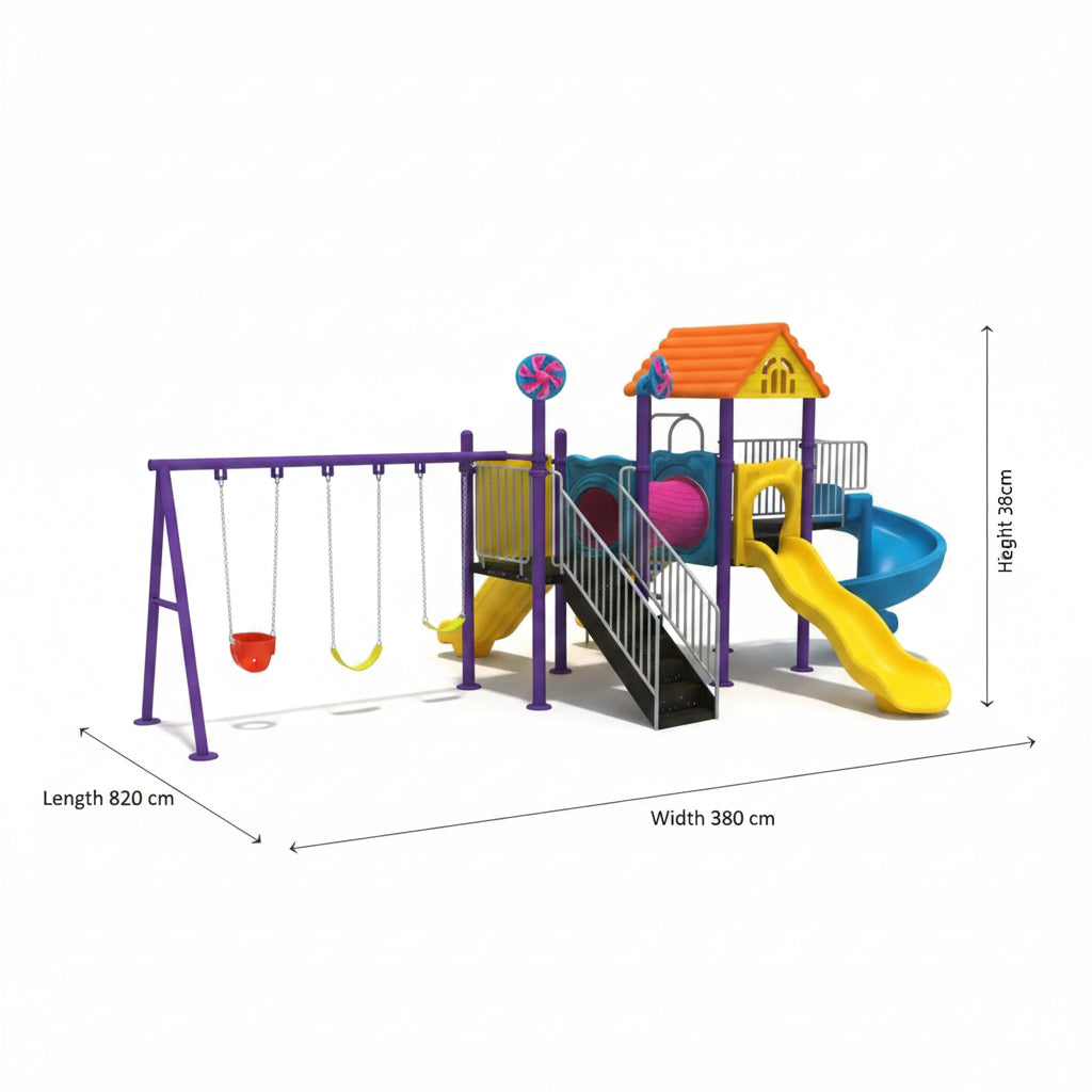 Kids Discovery Playland with 3 swings and 2 slides, outdoor playground equipment with Dimension 