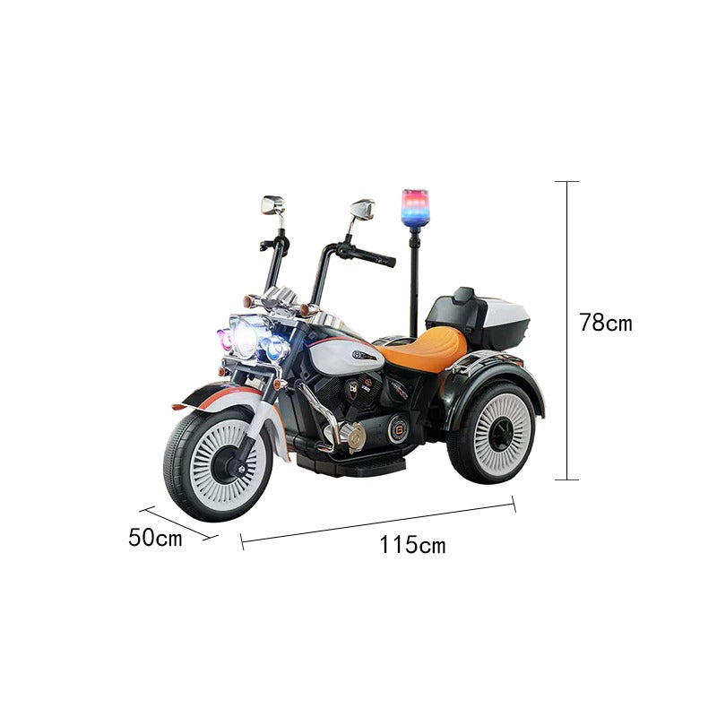 Megastar Children’s Electric Ride On Police Tricycle with dimensions of 115 cm length, 50 cm width and 78 cm height