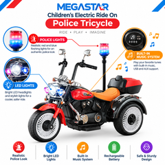 Electric Ride On Police Tricycle with police lights, LED lights and built in music system