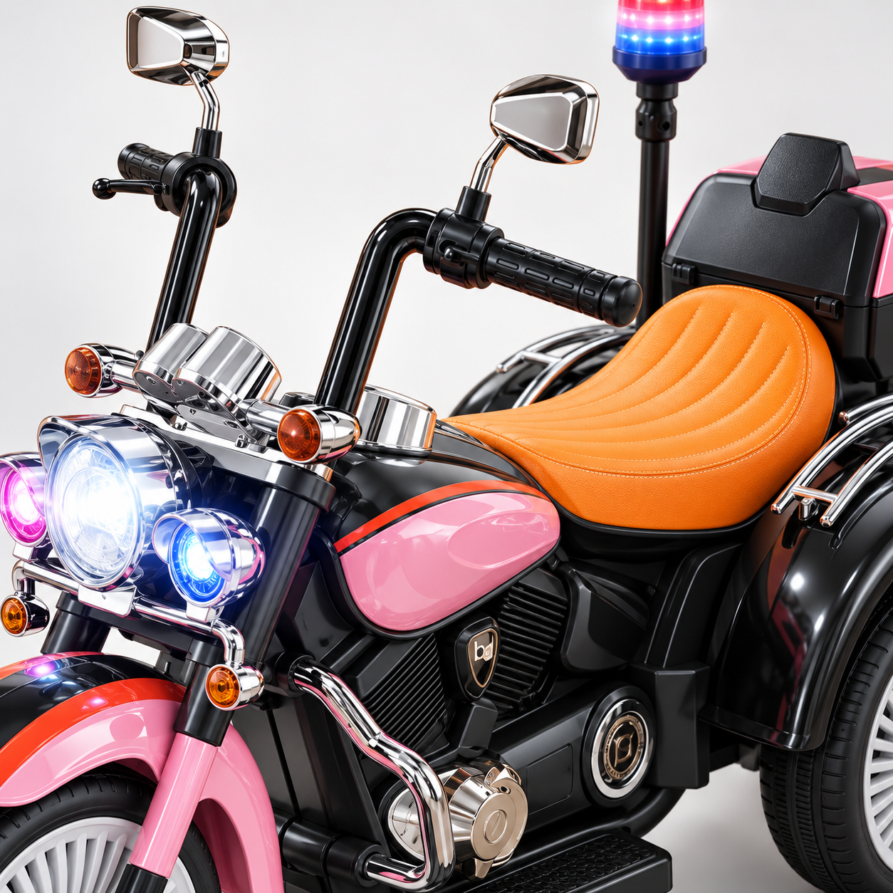 close image of orange cushioned seat and handlebar area of the Electric Ride On Police Tricycle