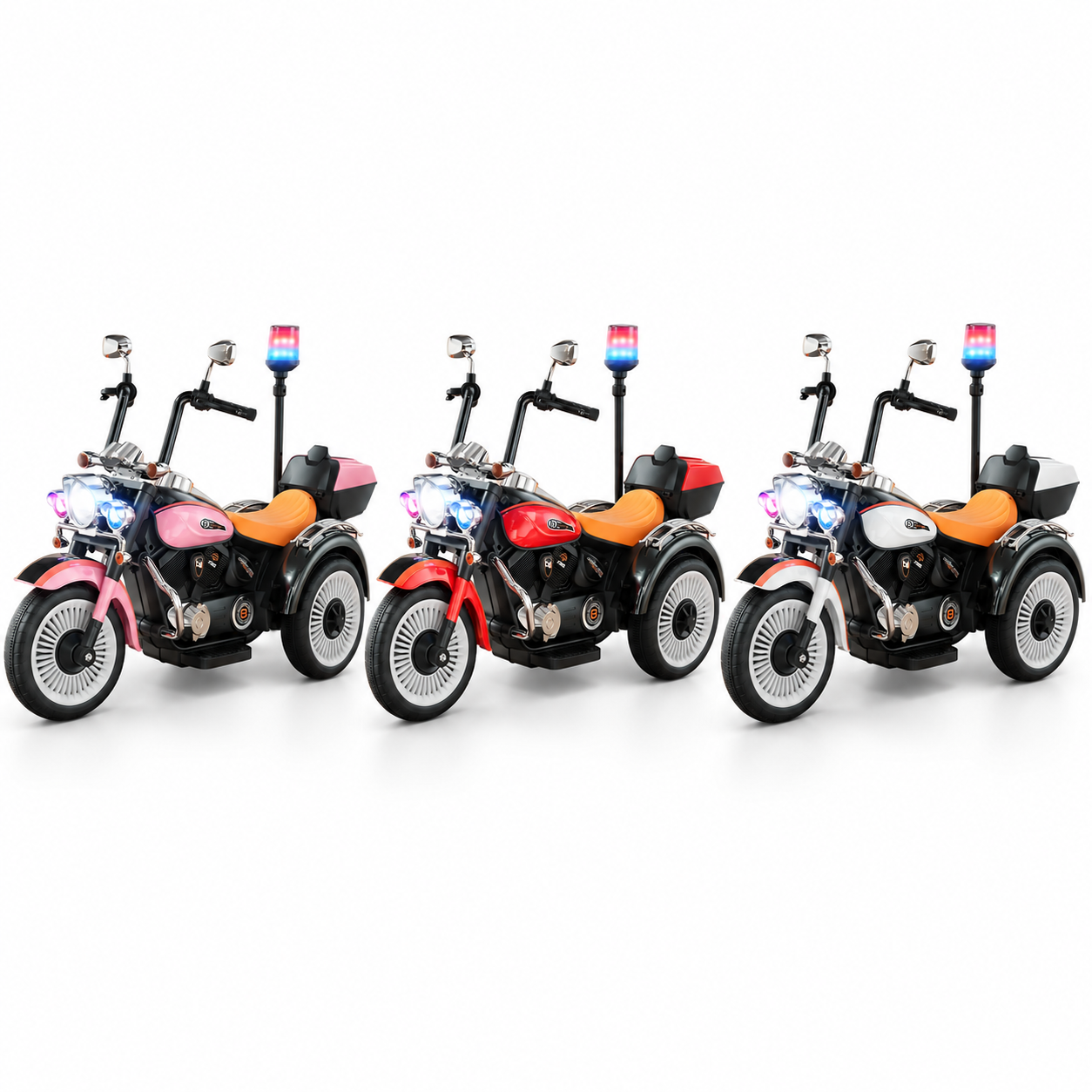 Colour comparison image showing the Kids Electric Ride On Police Tricycle in White, red and pink