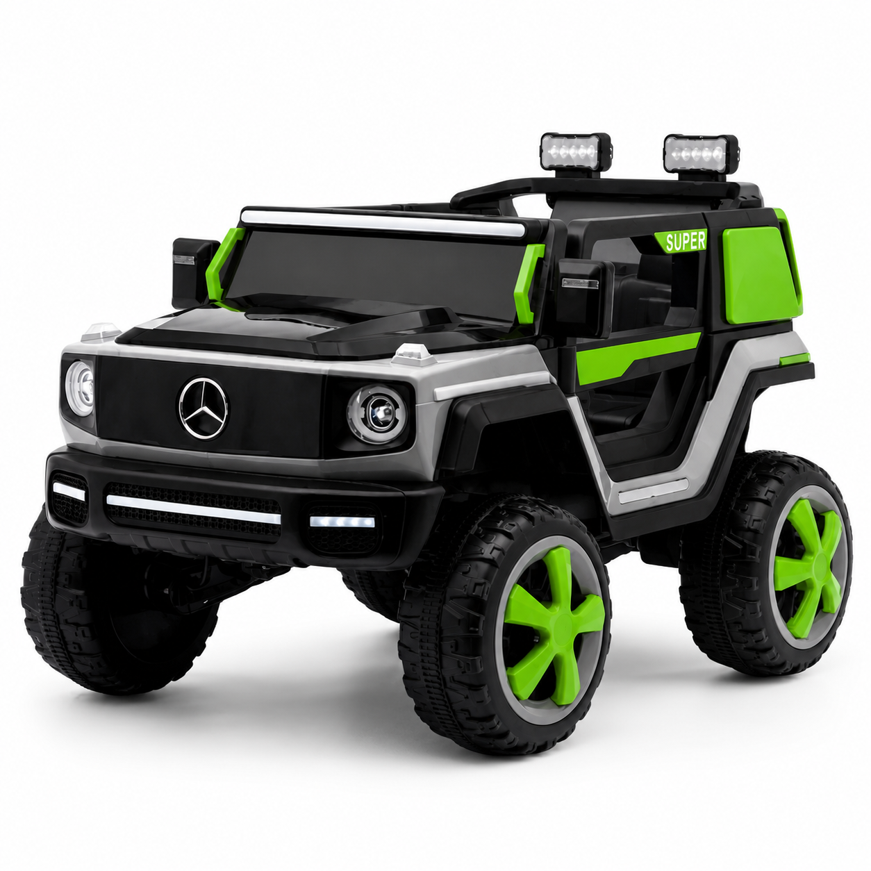 Kids ride-on toy jeep, styled like off-road  kids truck with parental remote, with side panels and door handles